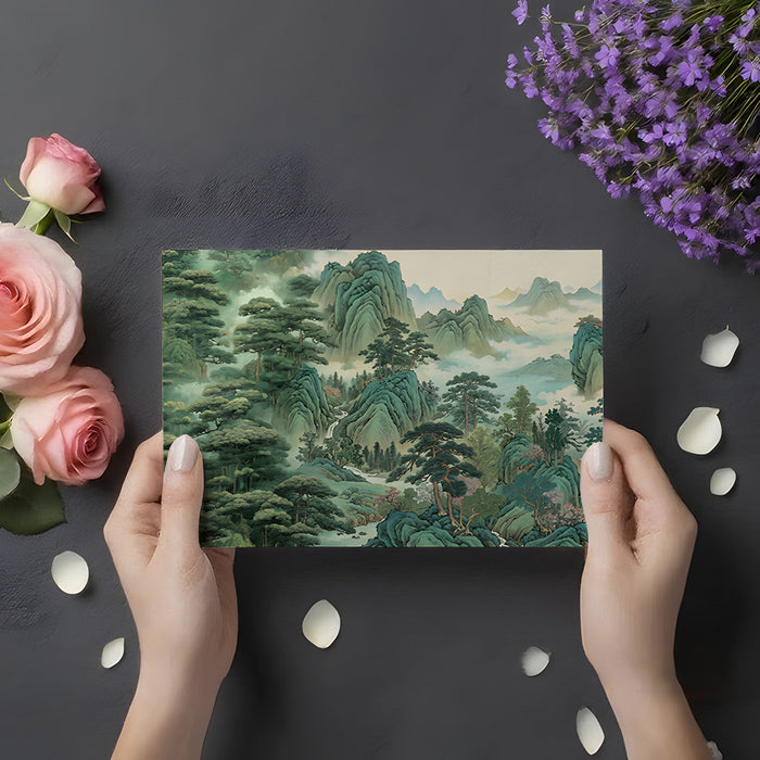 Sophisticated home office with a tranquil mountain mural acting as a backdrop for a desk