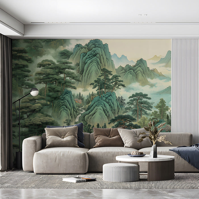 Dining area walls decorated with an expansive traditional landscape mural in soft green tones