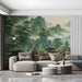 Dining area walls decorated with an expansive traditional landscape mural in soft green tones