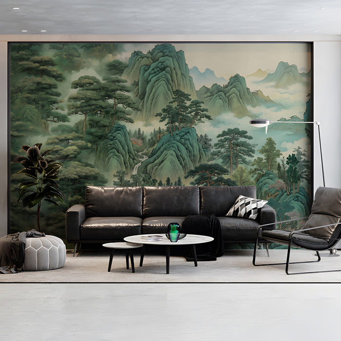 Serene living room featuring a mountain landscape mural behind a minimalist wooden bed frame
