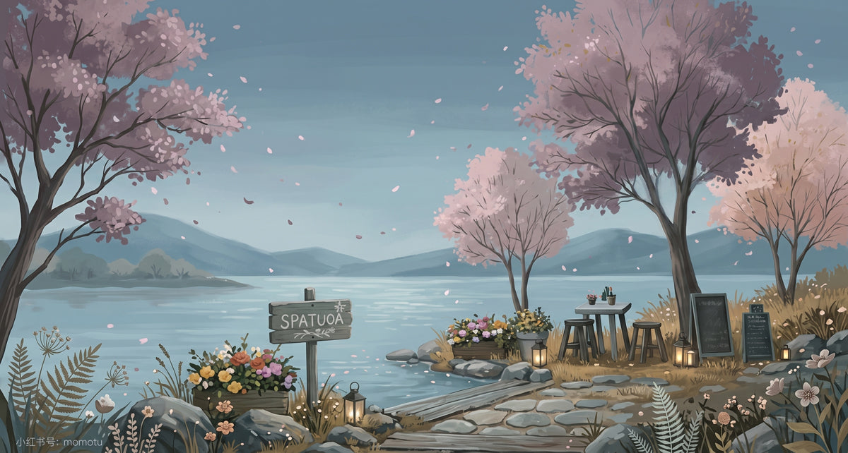 Painterly landscape mural featuring a riverside with cherry blossoms and slate blue water.