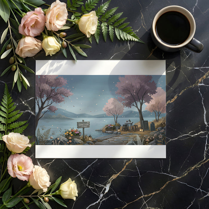 Dining room wall mural depicting a calm lakeside landscape with soft pink and blue tones.
