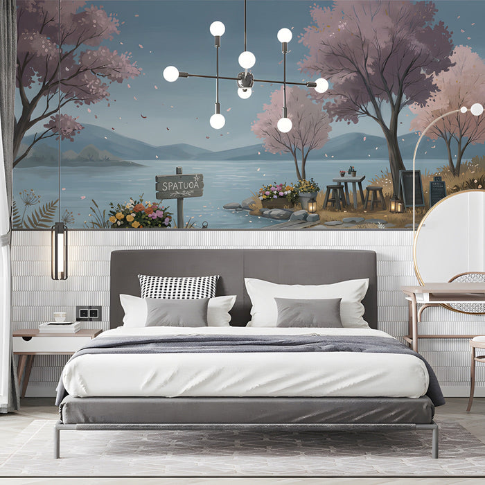 A cozy bedroom decorated with a peaceful, impressionistic lakeside nature mural.