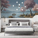 A cozy bedroom decorated with a peaceful, impressionistic lakeside nature mural.