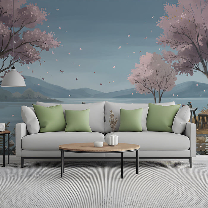 A relaxing study interior featuring a mural of cherry blossoms by a river.