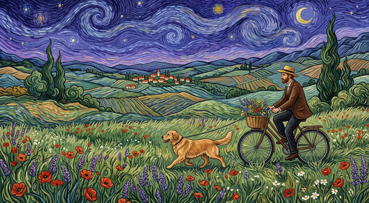 A pastoral mural wallpaper showing a man on a bicycle and his golden dog in a meadow of red poppies and lavender under a swirled starry sky.