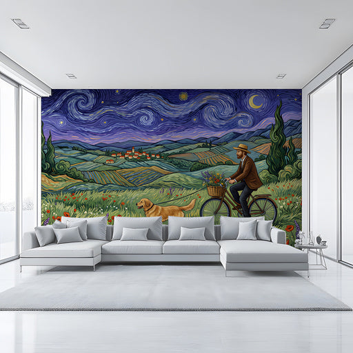 A bright and artistic living room wall adorned with a vibrant poppy field and rolling hills mural design.