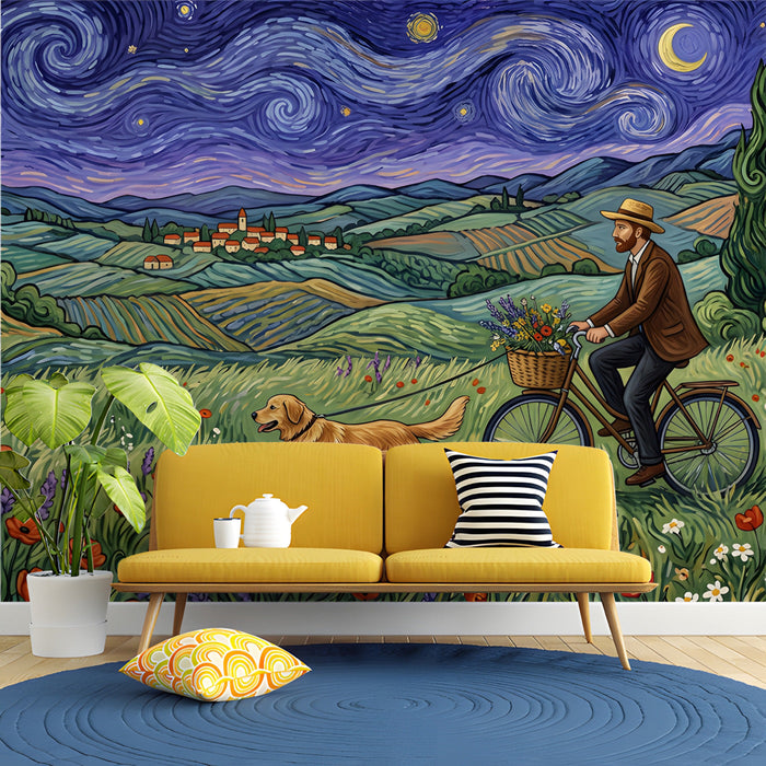 The impressionist countryside mural installed in a cozy home library with warm wood bookshelves and a leather reading chair.