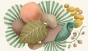 Botanical and stone still life pattern with sage green leaves and terracotta spheres