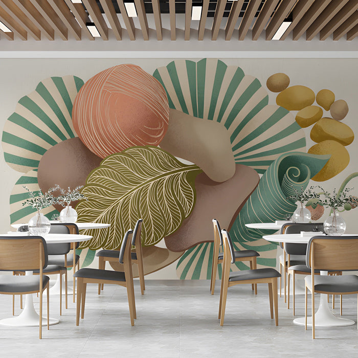 Bar interior featuring a soft sage and terracotta mural as a backdrop