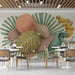 Bar interior featuring a soft sage and terracotta mural as a backdrop