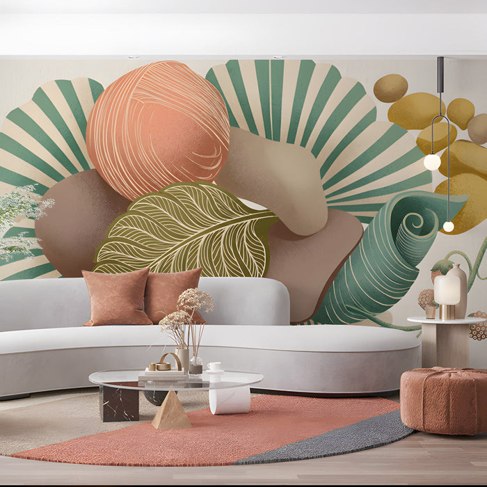 Modern commercial space featuring a nature-inspired stone and botanical wall mural