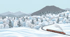 Winter landscape mural wallpaper featuring a red train winding through snowy blue hills and pine forests.