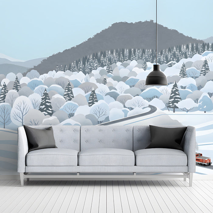 A cozy study featuring a snowy mountain train wallpaper behind a wooden crib.