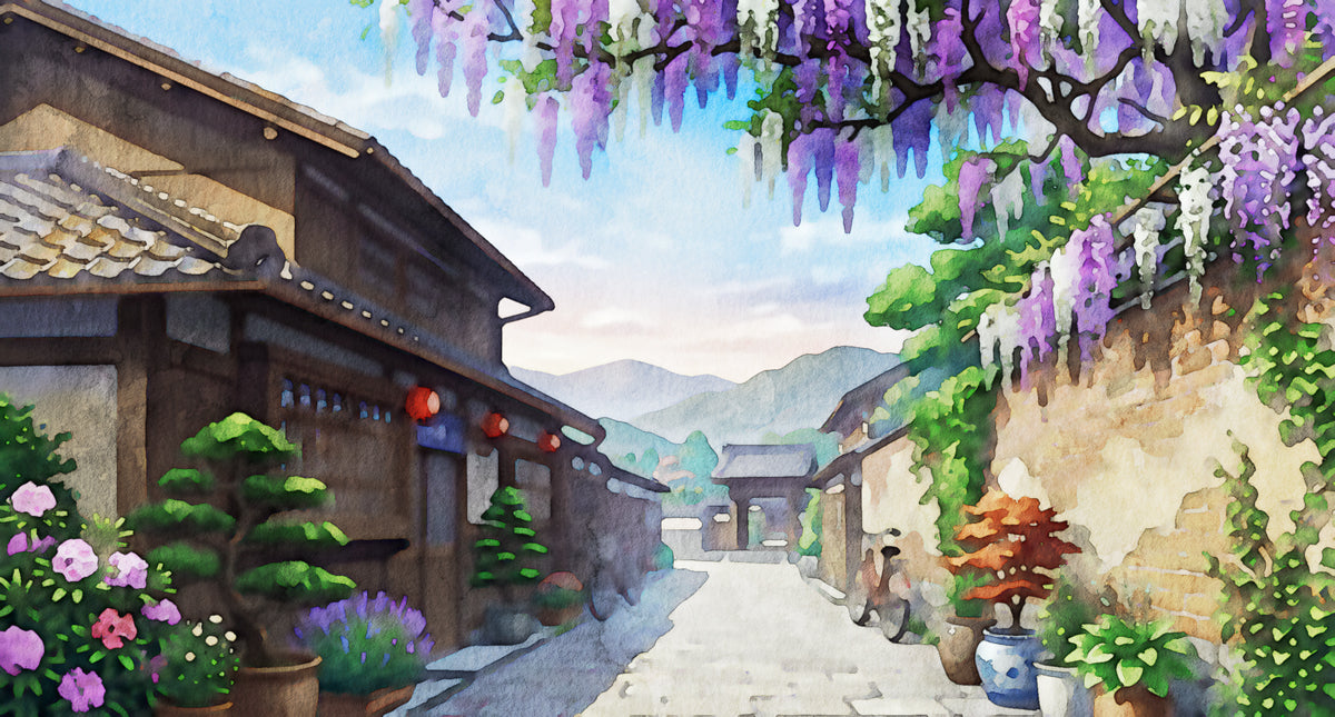 Watercolor style Japanese village scene with purple wisteria hanging over a narrow stone street and timber buildings