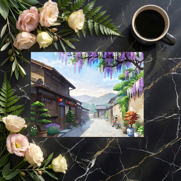 Scenic landscape wallpaper depicting a peaceful mountain town path in a bright home office