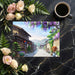 Scenic landscape wallpaper depicting a peaceful mountain town path in a bright home office