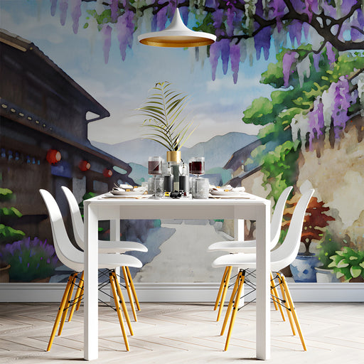 Watercolour floral mural featuring hanging blossoms in a calm and inviting dining room sanctuary