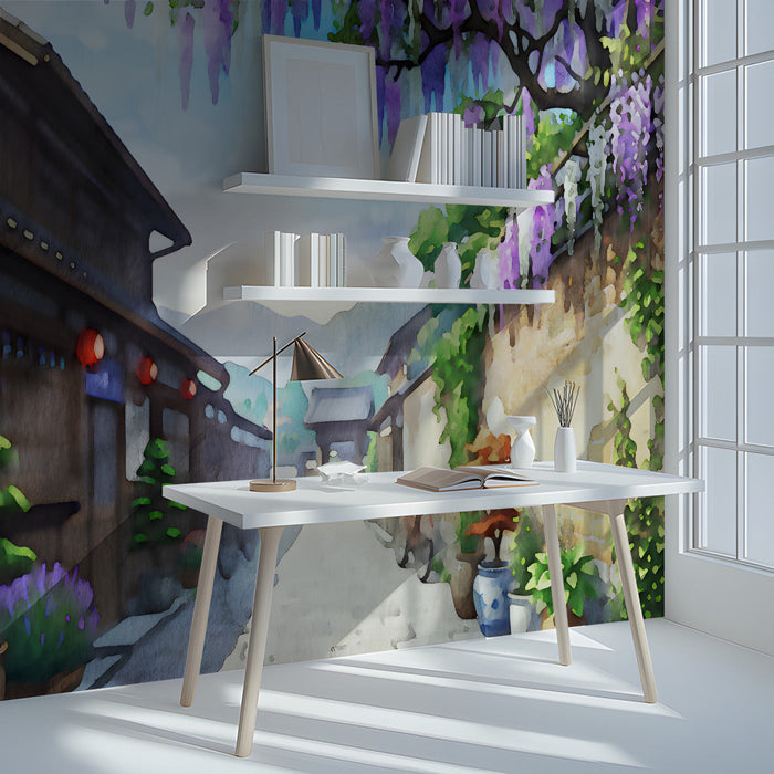 Japanese wisteria mural installed on a feature wall in a sunlit study with neutral mid-century furniture