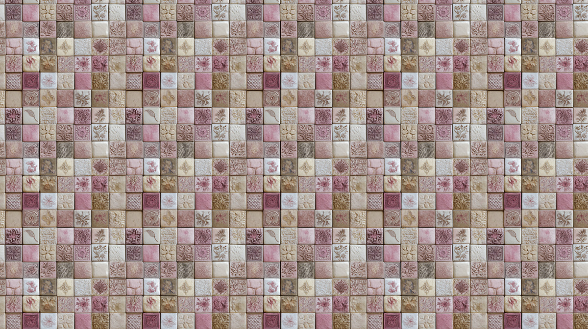 A repeating mosaic pattern featuring squares in dusty rose, cream, and beige with intricate floral and botanical carvings
