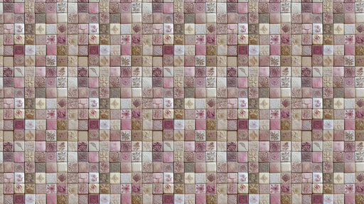 A repeating mosaic pattern featuring squares in dusty rose, cream, and beige with intricate floral and botanical carvings