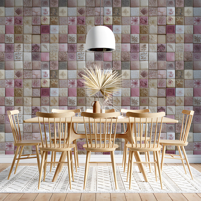 Sophisticated dining room showcasing a vintage-inspired floral mosaic wallpaper with neutral and rose tones
