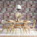 Sophisticated dining room showcasing a vintage-inspired floral mosaic wallpaper with neutral and rose tones