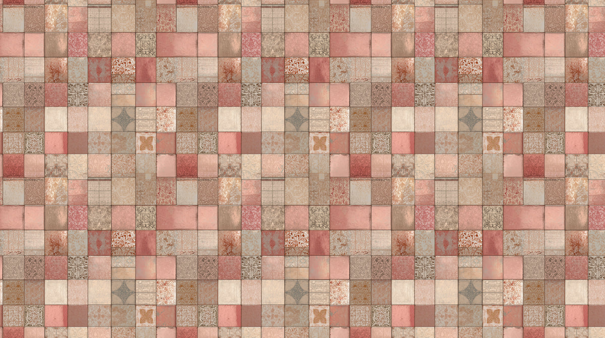 A repeating pattern of weathered mosaic tiles in shades of dusty rose, terracotta, and warm beige with vintage etched designs.