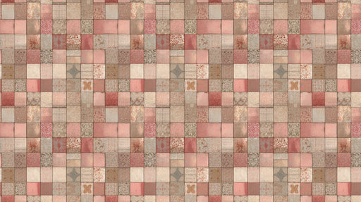 A repeating pattern of weathered mosaic tiles in shades of dusty rose, terracotta, and warm beige with vintage etched designs.