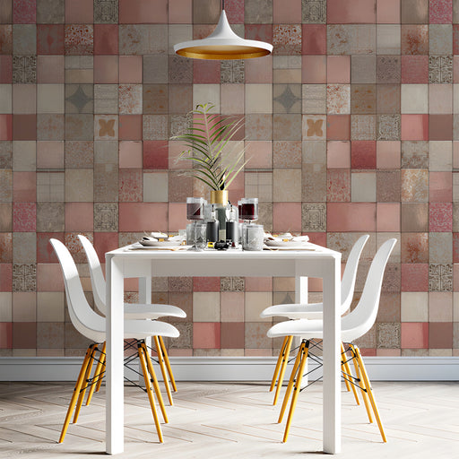 A light-filled dining space featuring the patterned tiled mural as a backdrop.