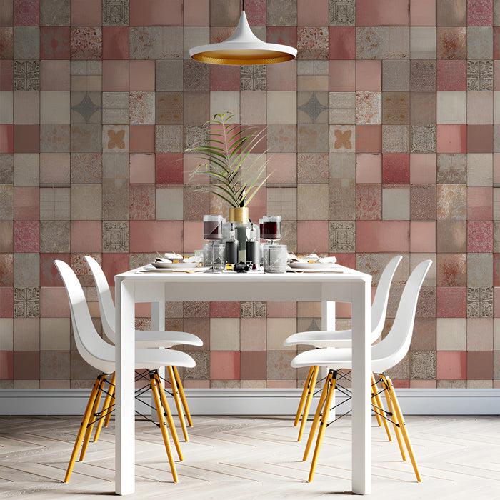 A light-filled dining space featuring the patterned tiled mural as a backdrop.