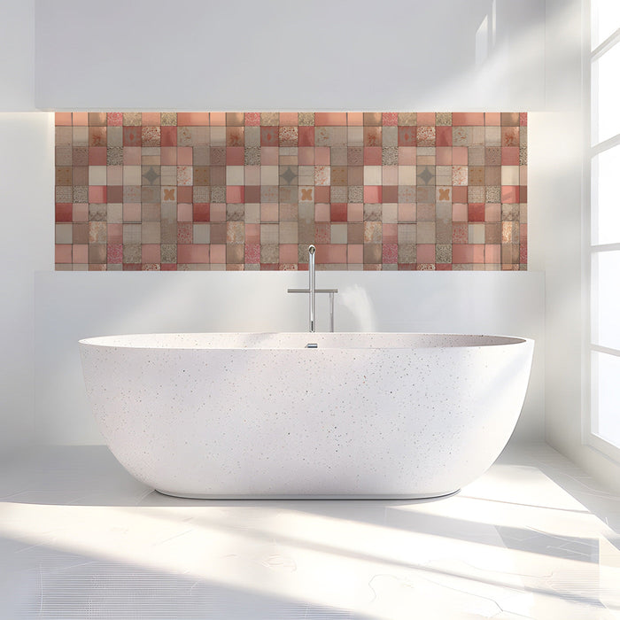 The mosaic tile mural installed as a feature wall behind a minimalist bathroom sofa.