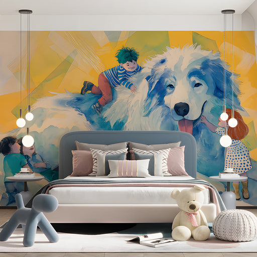 Bedroom space styled with a cheerful and artistic giant dog watercolor wallpaper