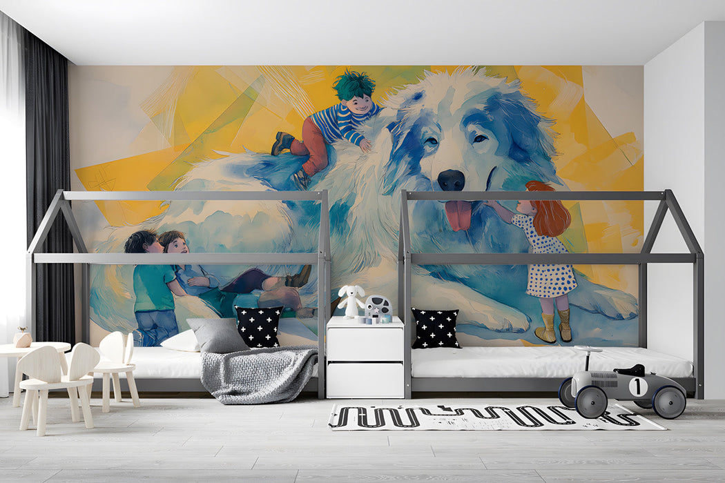 Kids bedroom wall featuring a giant dog mural with soft blue and yellow tones