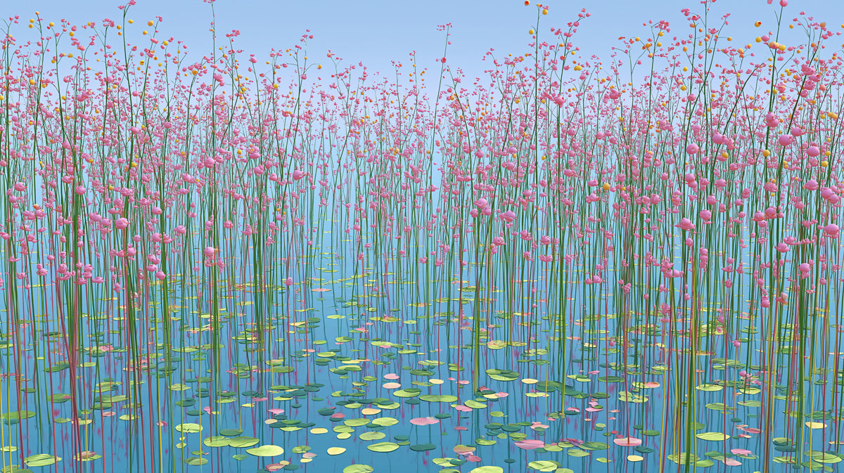 A vibrant wallpaper design featuring tall pink flower stems and yellow buds against a light blue water surface with floating lily pads.