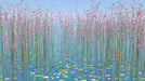 A vibrant wallpaper design featuring tall pink flower stems and yellow buds against a light blue water surface with floating lily pads.