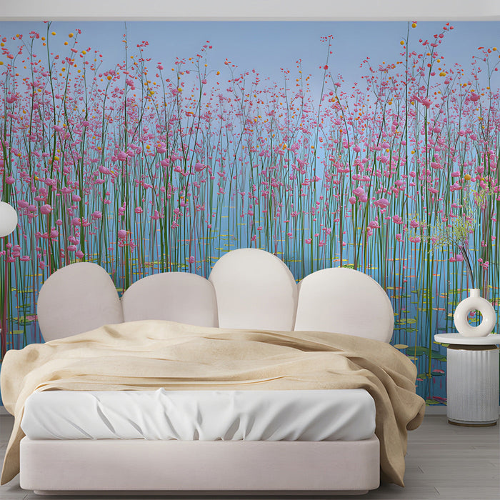 A cheerful bedroom featuring whimsical pink meadow wallpaper and soft pastel room accessories.