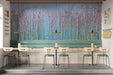 A bright bar wall featuring pink floral wallpaper, light wooden furniture, and white bedding.
