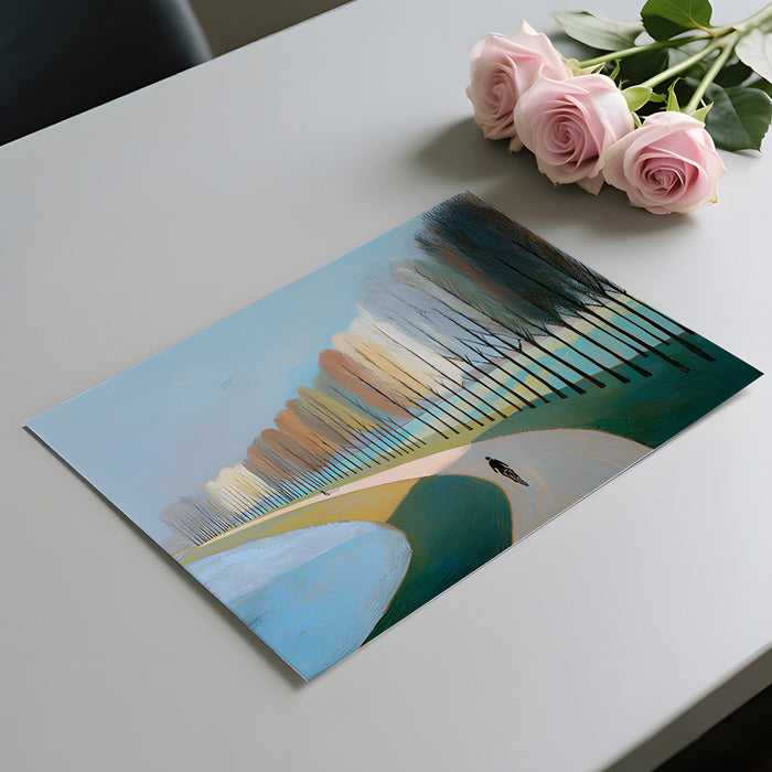 A home office with a painterly river landscape wallpaper, creating a calm and focused work environment.