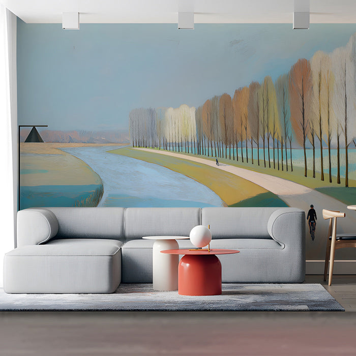 A bright, airy living room setting where a cyclist landscape mural adds depth to a large wall space.