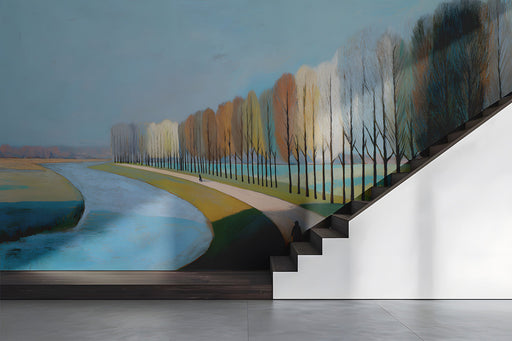 A cozy library hallway featuring a riverside mural on the accent wall behind the bed frame.