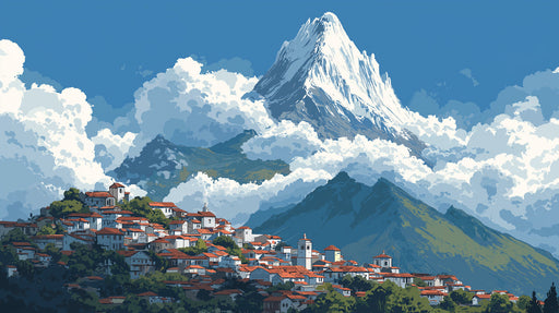 Hand-drawn style mountain landscape mural with terracotta roof village and snow-capped peak