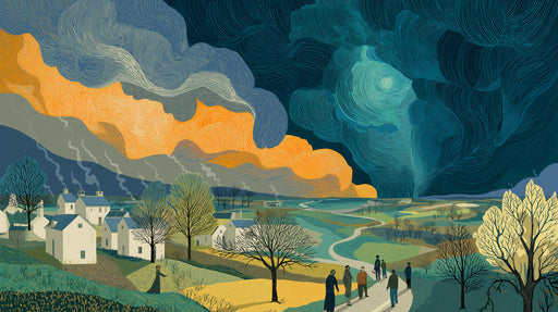 A detailed mural featuring a stormy landscape with swirling midnight blue and orange clouds over white cottages and rolling fields.