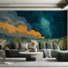 A wide commercial space wall decorated with the dramatic golden and deep blue landscape mural.
