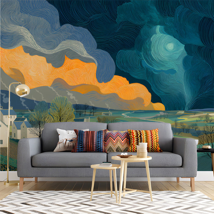 A living room wall featuring the storm landscape mural behind a mid-century modern sofa.