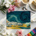 A creative home office space with an artistic sky mural on the main feature wall.