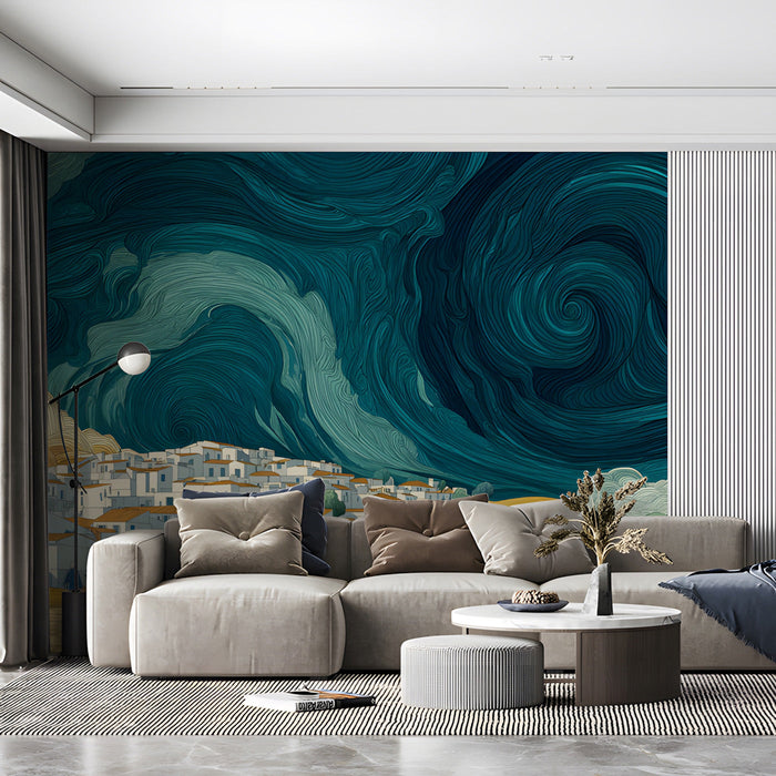 A sunlit reception room showing a landscape wallpaper with dramatic blue swirling skies.