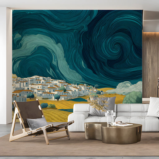 A cozy living room featuring the Mediterranean Swirl mural behind a dark wood media console.