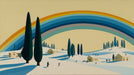 Painterly Mediterranean landscape wallpaper with a large rainbow, cypress trees, and white hills