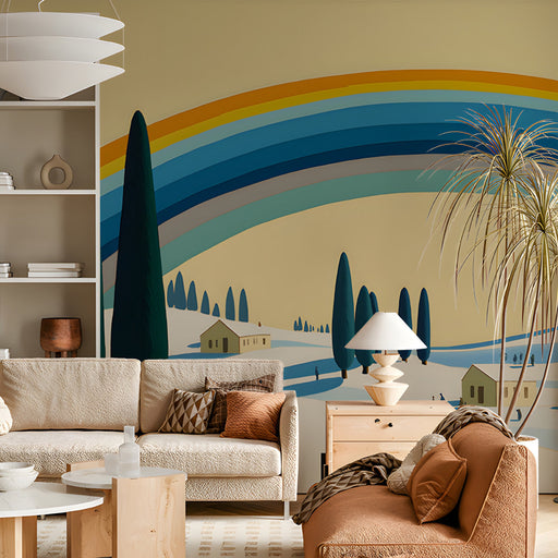 Artistic Mediterranean wall mural displayed in a creative living room with light wood furniture